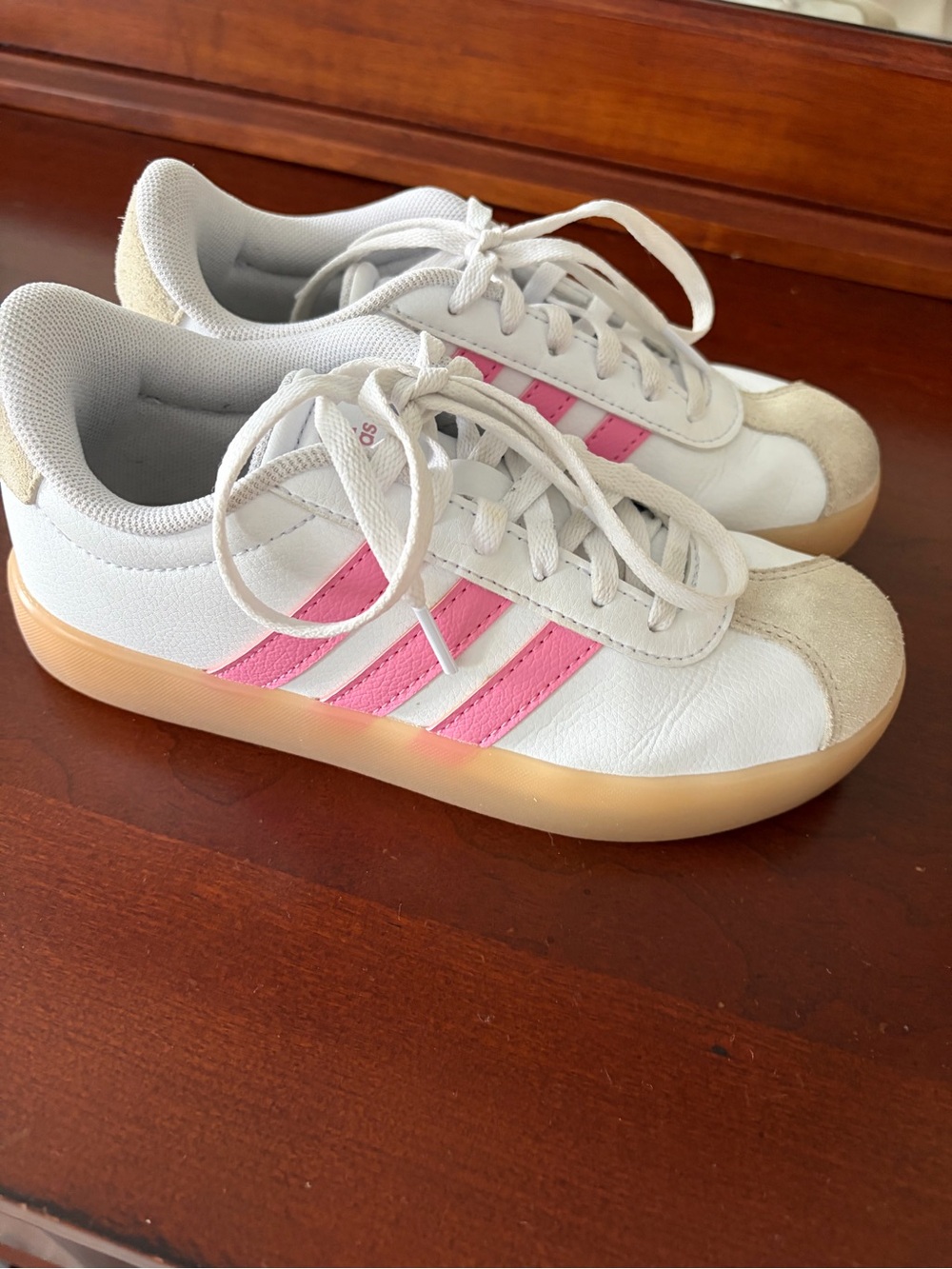 adidas Kids White Sneakers with Pink Stripes and Gum Sole